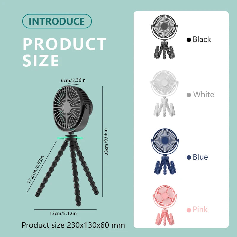 Portable Oscillating Pram Fan Mini Handheld Personal Car Seat Baby Fan with Flexible Tripod Clip-on USB Battery Operated