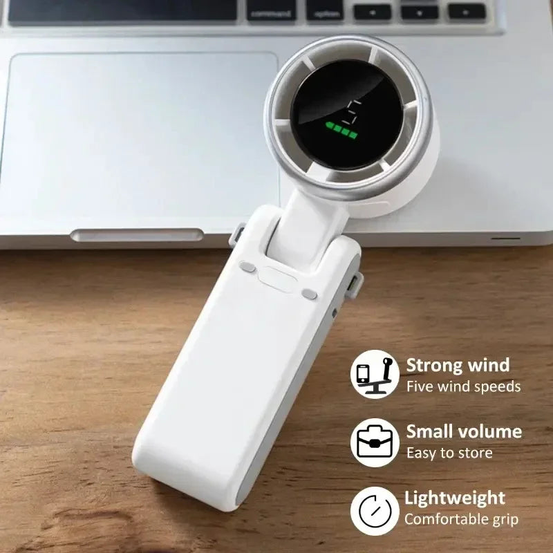 Portable Mini Handheld Fan - 5-Speed Turbo USB Rechargeable, Foldable Bladeless Pocket Fan with Large Battery for Outdoor/Travel